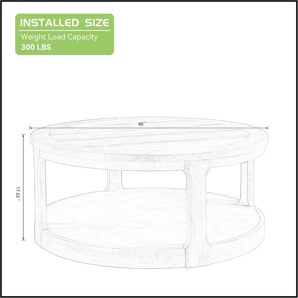 Round Coffee Table 40 Inch 2-Tier Solid Wood Center Table for Living Room, Bedroom, Home Office, Oak