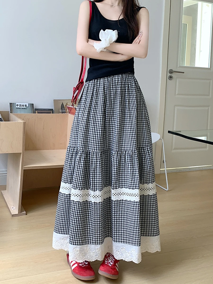 Women's Mesh Lace Splicing Skirt Y2K Korean Harajuku High Street College 2000s Aesthetic Retro A-line Casual Skirt Clothing 2024