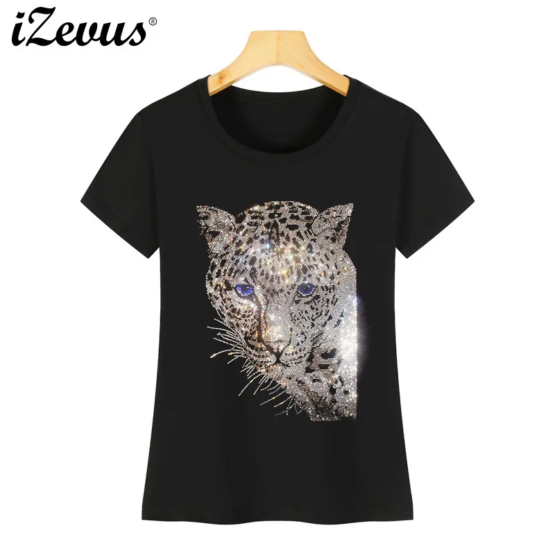 New shiny hot drill silver leopard T-shirt high quality good fabric ice cotton ladies summer short-sleeved casual T-shirt