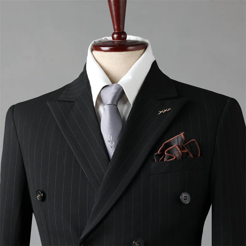 (46) Custom 2024 Double-breasted Striped Suit for Men, Groom's Suit, Business Slim Suit, Formal Wear