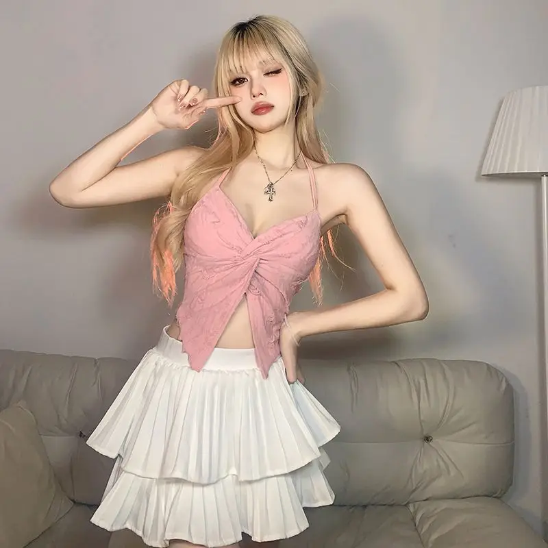 

2026 Summer Sweet Y2K Distressed Twist Knot Halter Top For Women Slim Tie Up Backless Cami Top