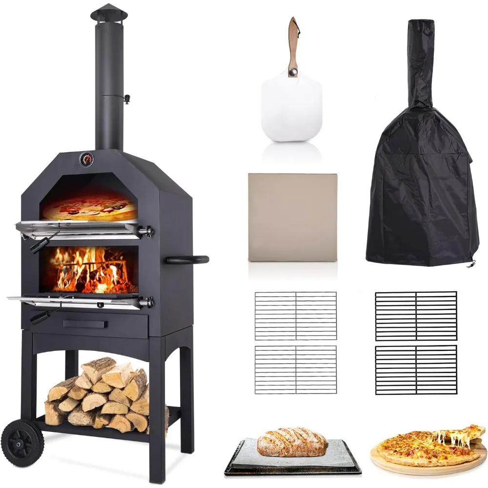 

Wood Fired Outdoor Pizza Oven with Waterproof Cover,Pizza Stone and Peel, Wood Burning Pizza Oven with 2 Wheels for Outside