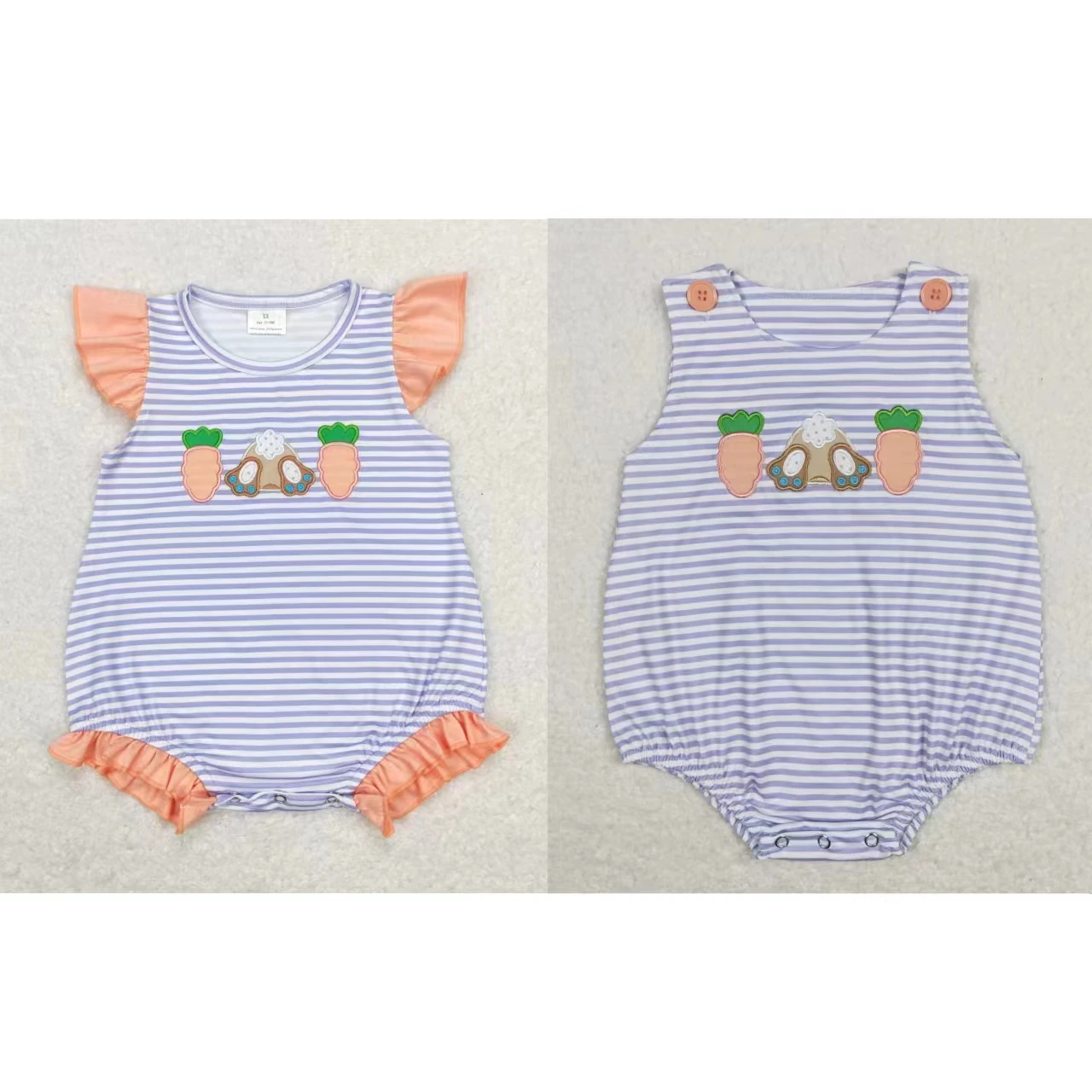 Wholesale Matching Baby Boy Girl Short Sleeves Carrot Rabbit Bubble Kids Toddler Purple Stripes One-piece Newborn Easter Romper