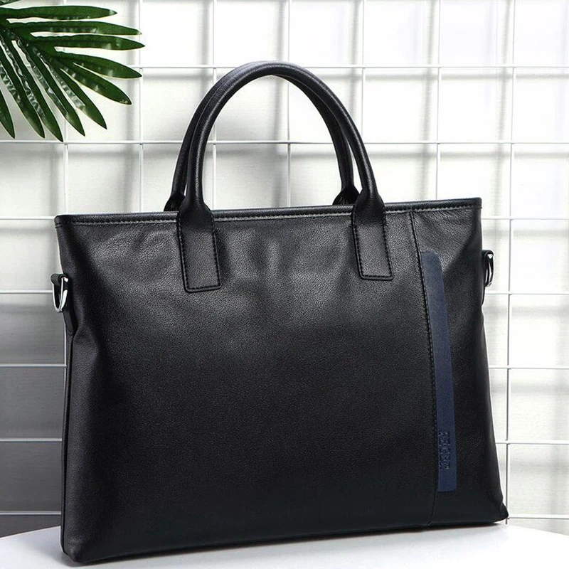 

FEGER Men's Genuine Leather Handbag Men Bag Business Tote Bag Slim Laptop Briefcase Male Bags Zipper Bag For Men Black