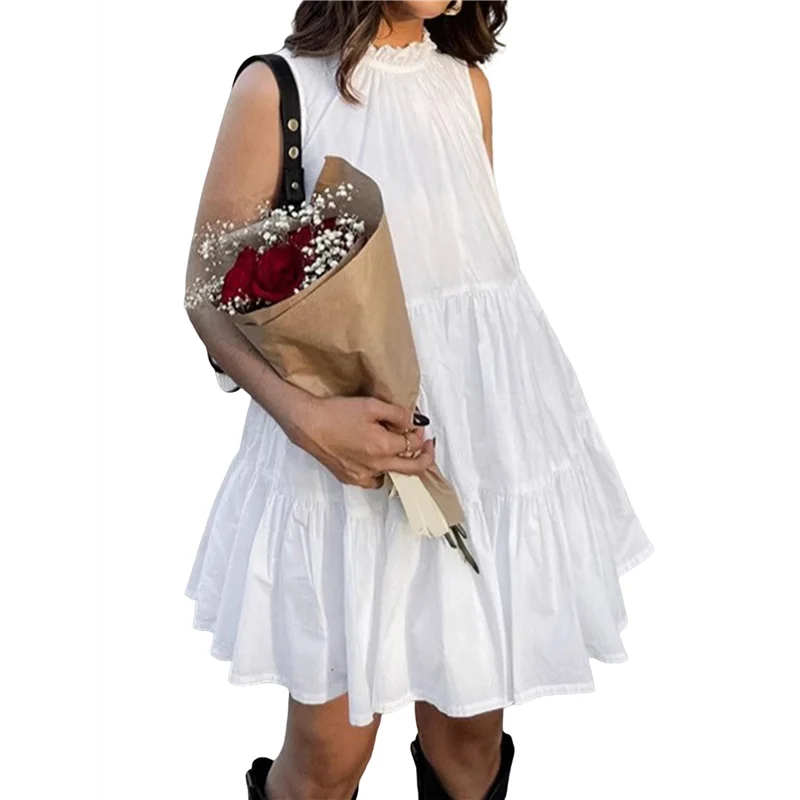 【D75C】Vestidos femininos de verão sem mangas uma linha em camadas balanço mini casual boho praia férias vestido de verão