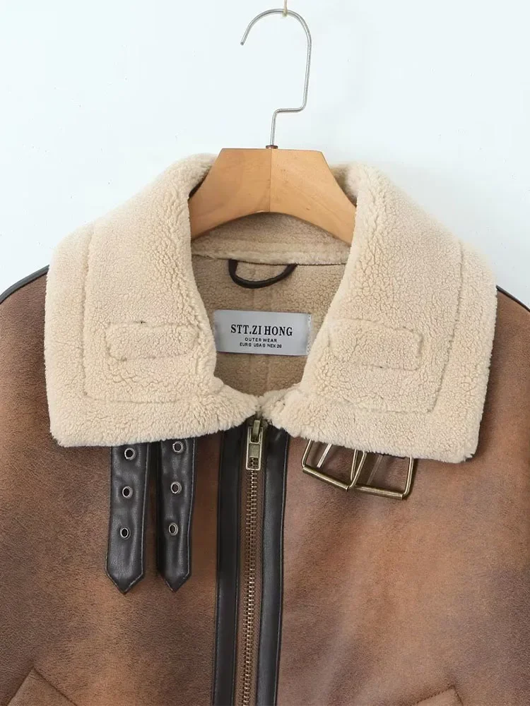 LIBIELIY Lambswool Coat Women Winter Thickened Motorcycle Clothing Leather Jacket Loose Stand Collar Fur Integrated High-grade J