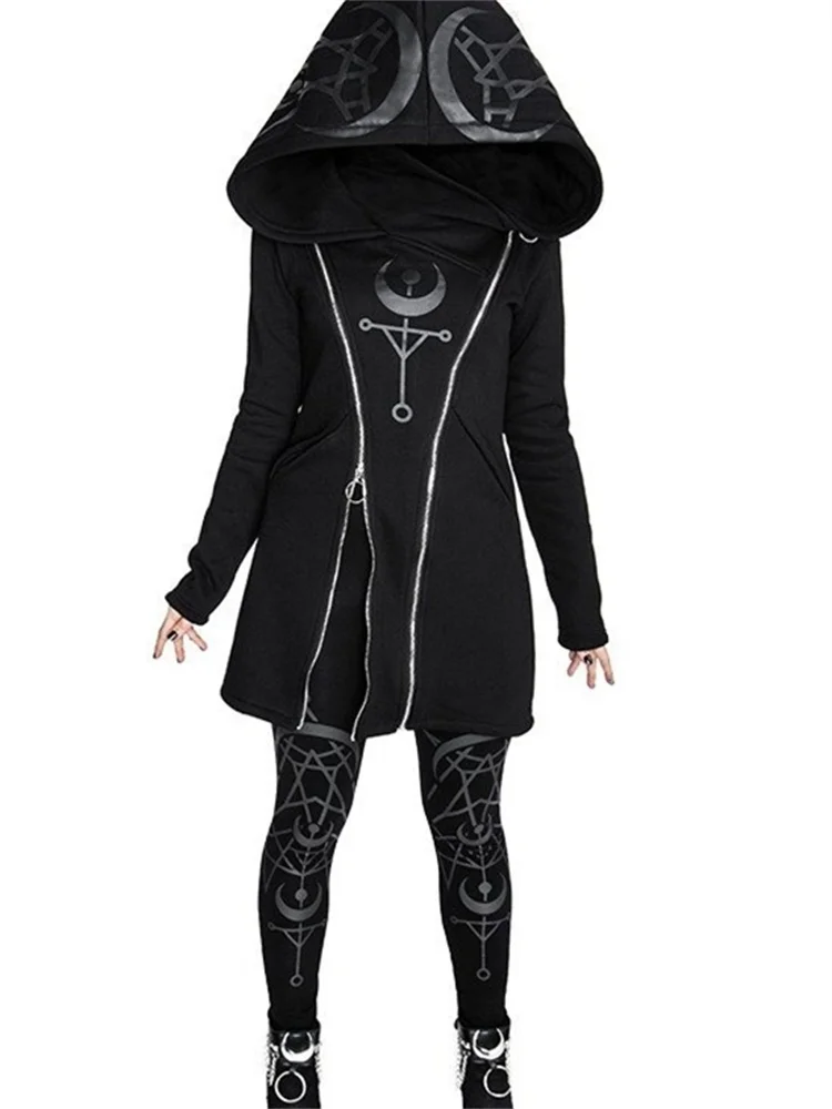 2022 Retro Gothic Punk Women Hooded Double Zipper Casual Black Hoodies Slim Fit Female Dark Sweatshirt Outdoors Clothes Hoody