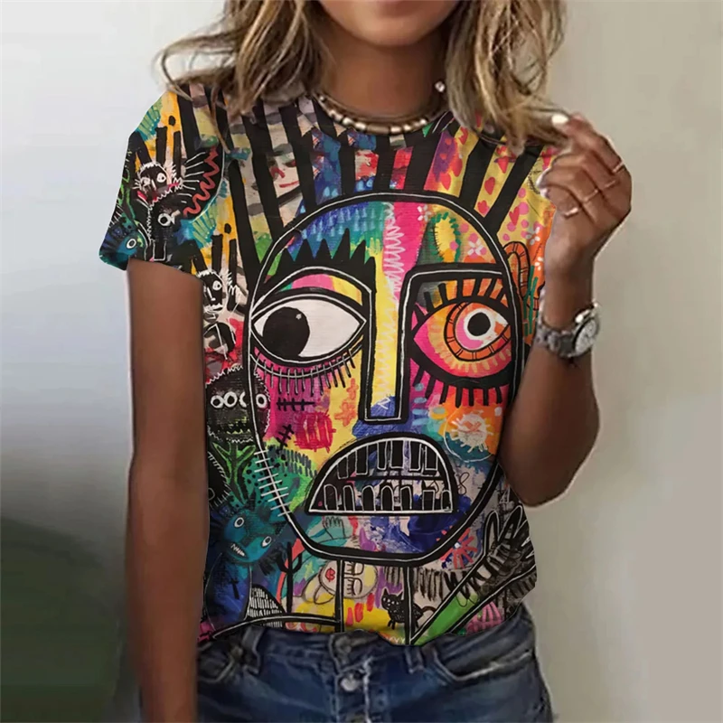 

Футболка женская с абстрактным принтом лица, повседневный Свободный Топ с круглым вырезом и коротким рукавом, в стиле Харадзюку, лето