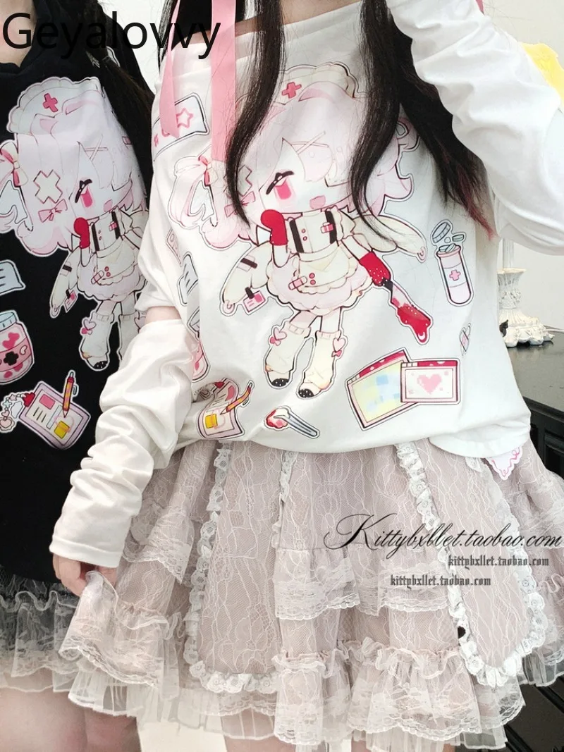 

Spring Autumn New Sweet Cute Girls Off-Shoulder Long Sleeve T-Shirt Japanese Style Original Versatile Cartoon Print Loose Tops