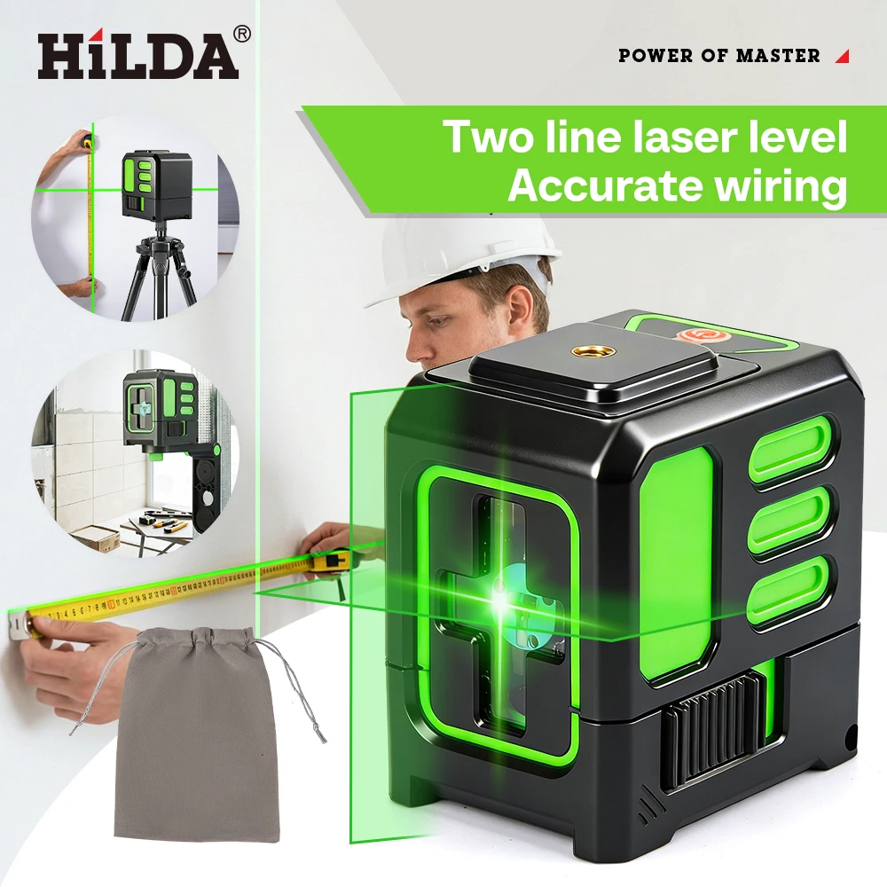 HILDA Laser Level Green 2 Lines Level Ip55 15M Self-Leveling Horizontal & Vertical Cross Super Powerful Measuring Tools ﻿
