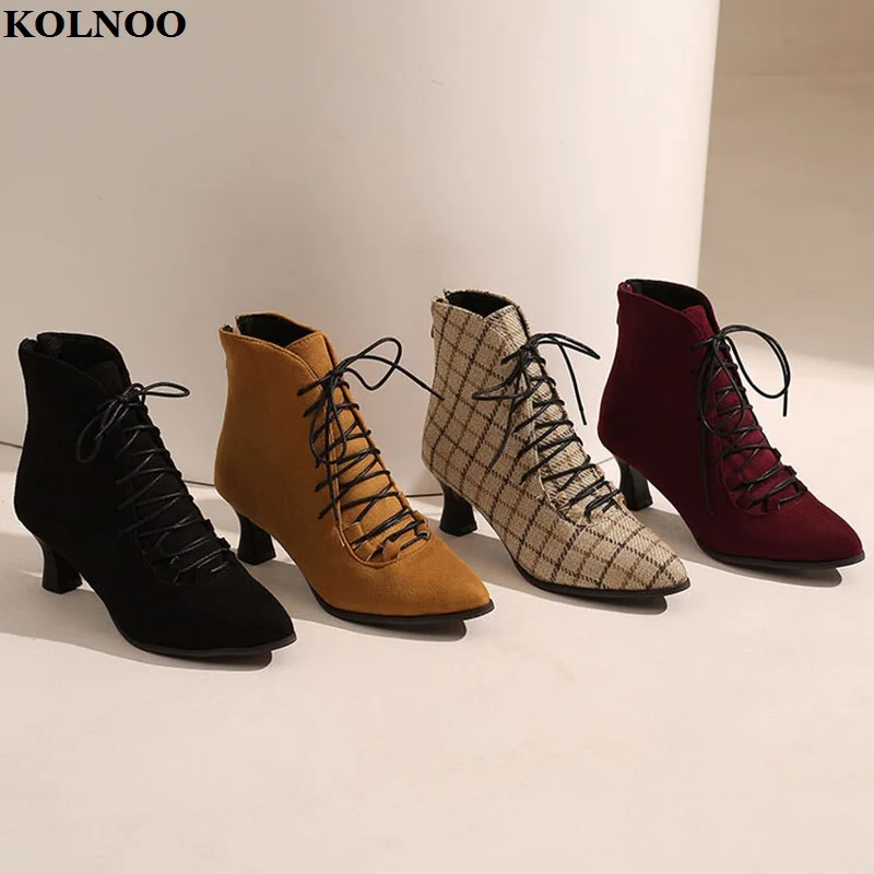 

Kolnoo Handmade New Arrival Ladies Kitten-heels Ankle Boots Crisscross Shoelace Dress Booties Evening Fashion Hot Sale Shoes