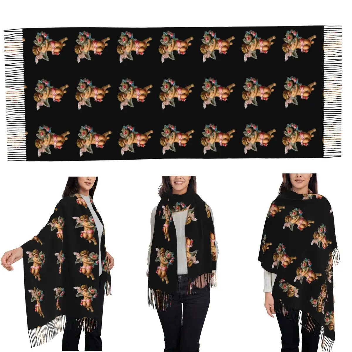 Angel Christmas Vintage Scarf Tassel Scarves Women Soft Warm Shawls and Wraps Long Fall Winter Shawl Wrap