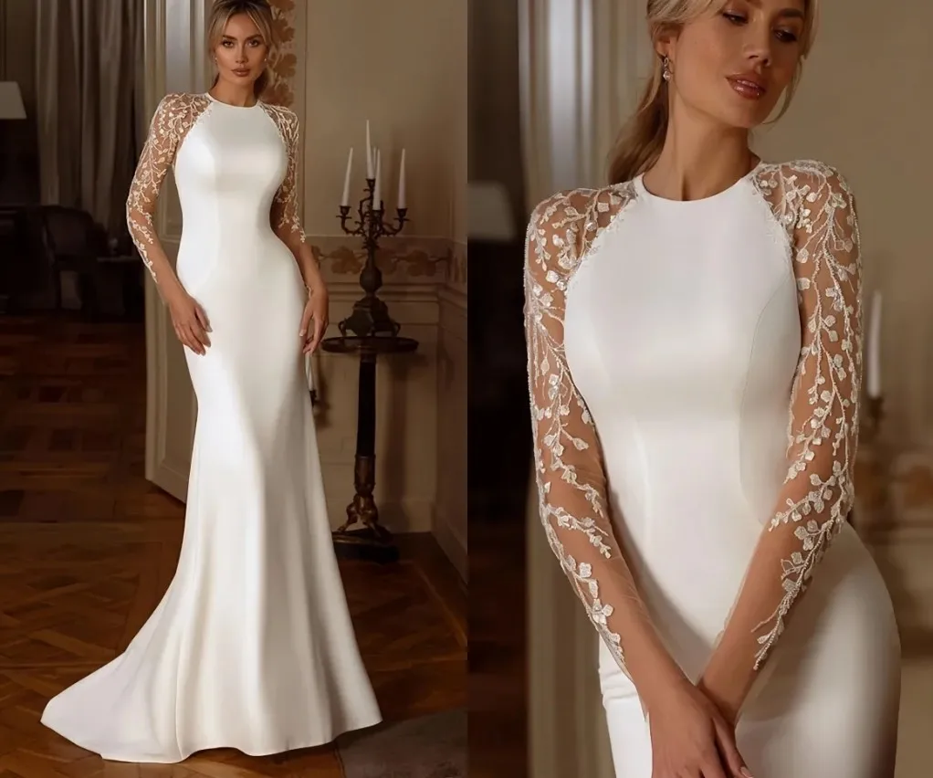 

Sexy Mermaid Wedding Dress Sheer Neck Lace Appliques Illusion Buttons Back Satin Bride Bridal Gowns Vestidos De Noiva