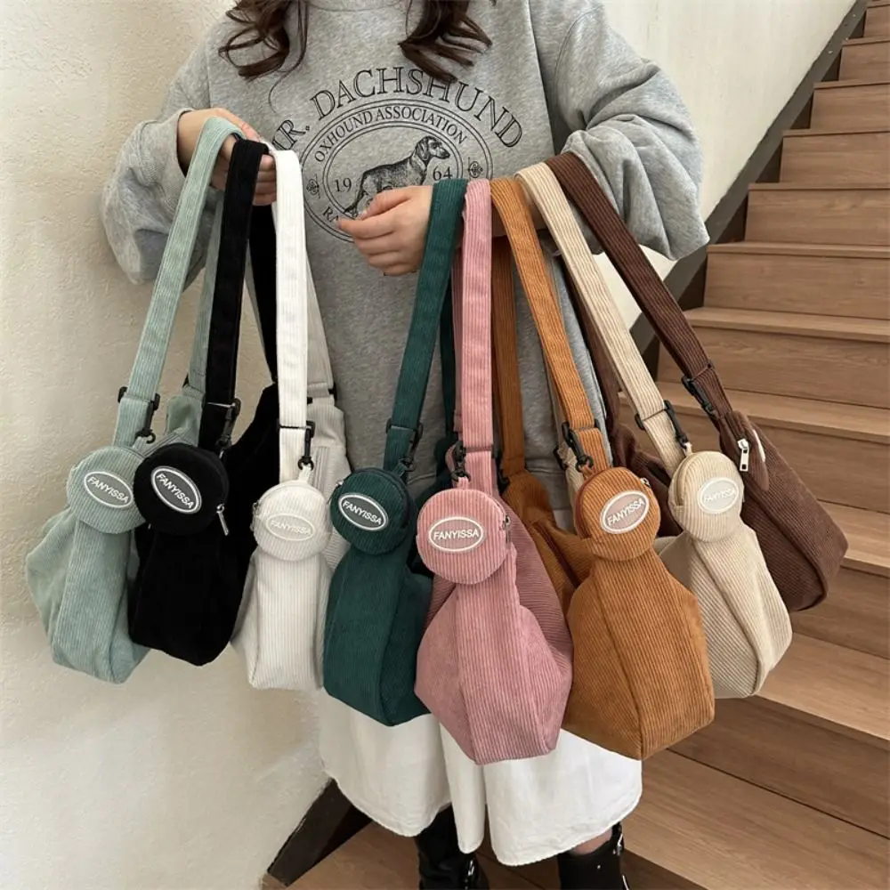 Korean Style Corduroy Shoulder Bag Large Capacity Cotton Cloth Handbag with Coin Purse Handbag Tote Bag Solid Color Shoulder Bag