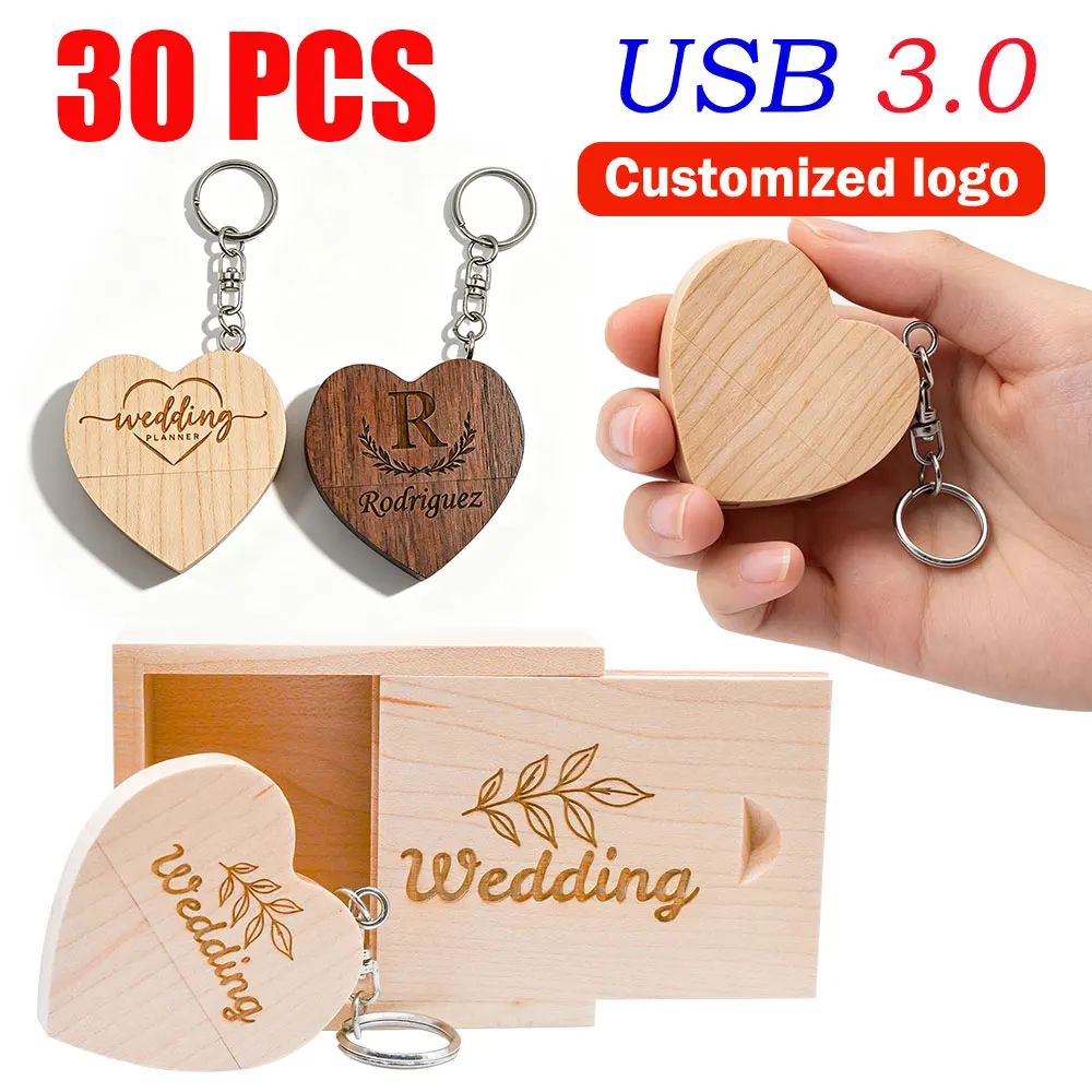 30PCS Heart-shaped Wooden USB 3.0 Flash Drive Free Custom Logo Pen Drive 128GB 64GB with Keychain Memory Stick Wedding Gift