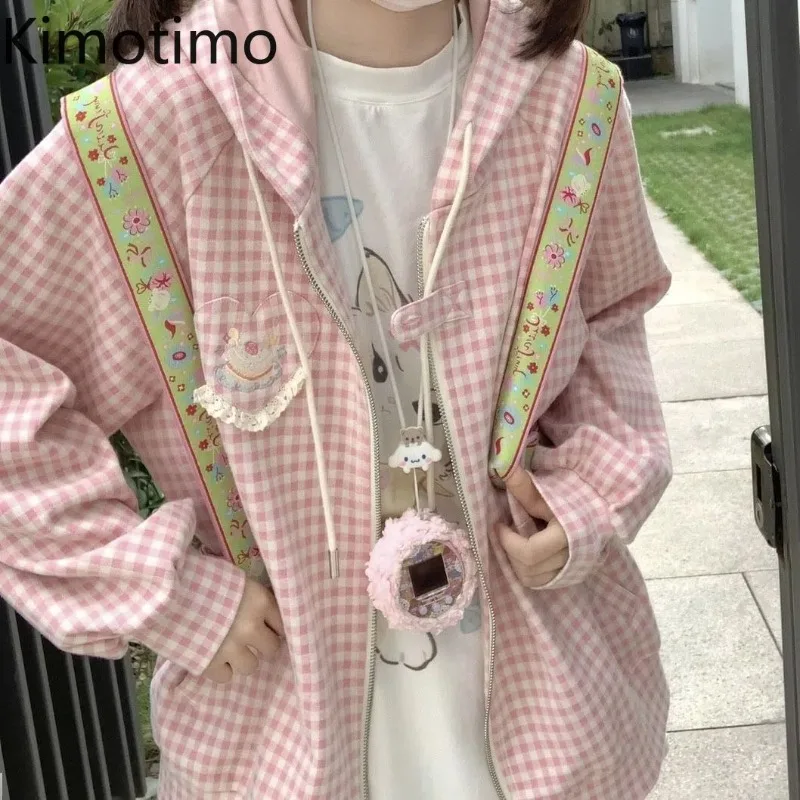 Kimotimo Japanese Sweet Pink Plaid Hoodies Women Cake Embroidery Zipper Hooded Sweatshirts Autumn Winter Loose Cute Jacket Coat