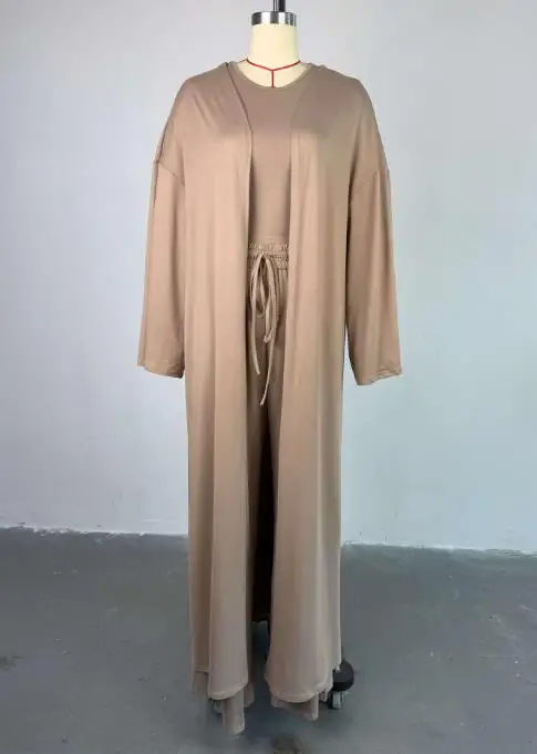 

Women's 2025 Spring/summer New Casual Long Coat Strap Strap Wide Leg Pants 3-Piece Set Retro Fashionable and Comfortable Set