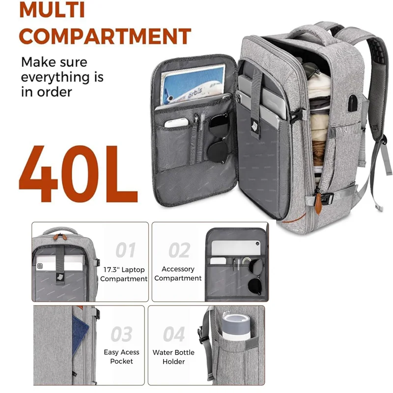 حقيبة ظهر للحمل، حقيبة ظهر للسفر معتمدة من الطيران مع 3 مكعبات تعبئة، حقيبة سفر كبيرة قابلة للتوسيع سعة 40 لتر تناسب الكمبيوتر المحمول مقاس 17.3 بوصة، النمل