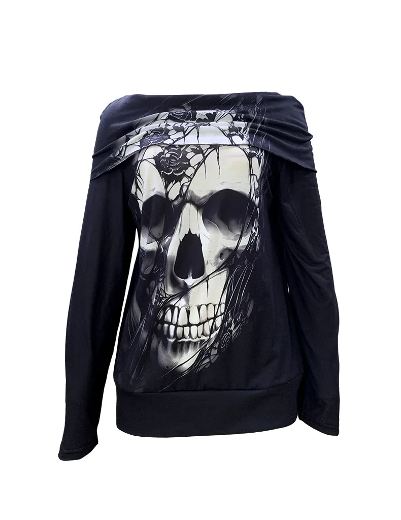 BAMBOOBOY Off Shoulder Gothict Women Tops Stylish Long Sleeve Scary Skull Black y2k T-shirt Hallowmas Casual Warm Sweatshirt