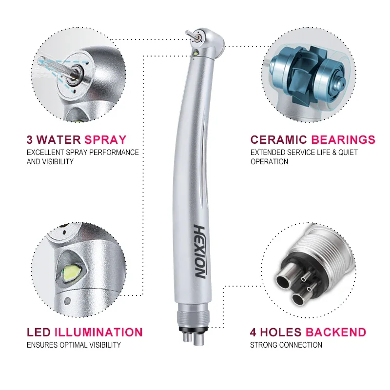5Pcs/Kit LED High Speed Dental Handpiece Kits +15Pcs High Speed Burs Free With Lights E-tapePush Button 3 Water Spray, 2 Holes