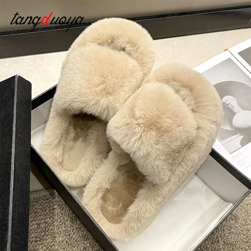 Chunky Platform Fur Slippers Women Autumn Thick Bottom Furry Outdoor Slippers Woman Short Plush Designer Shoes