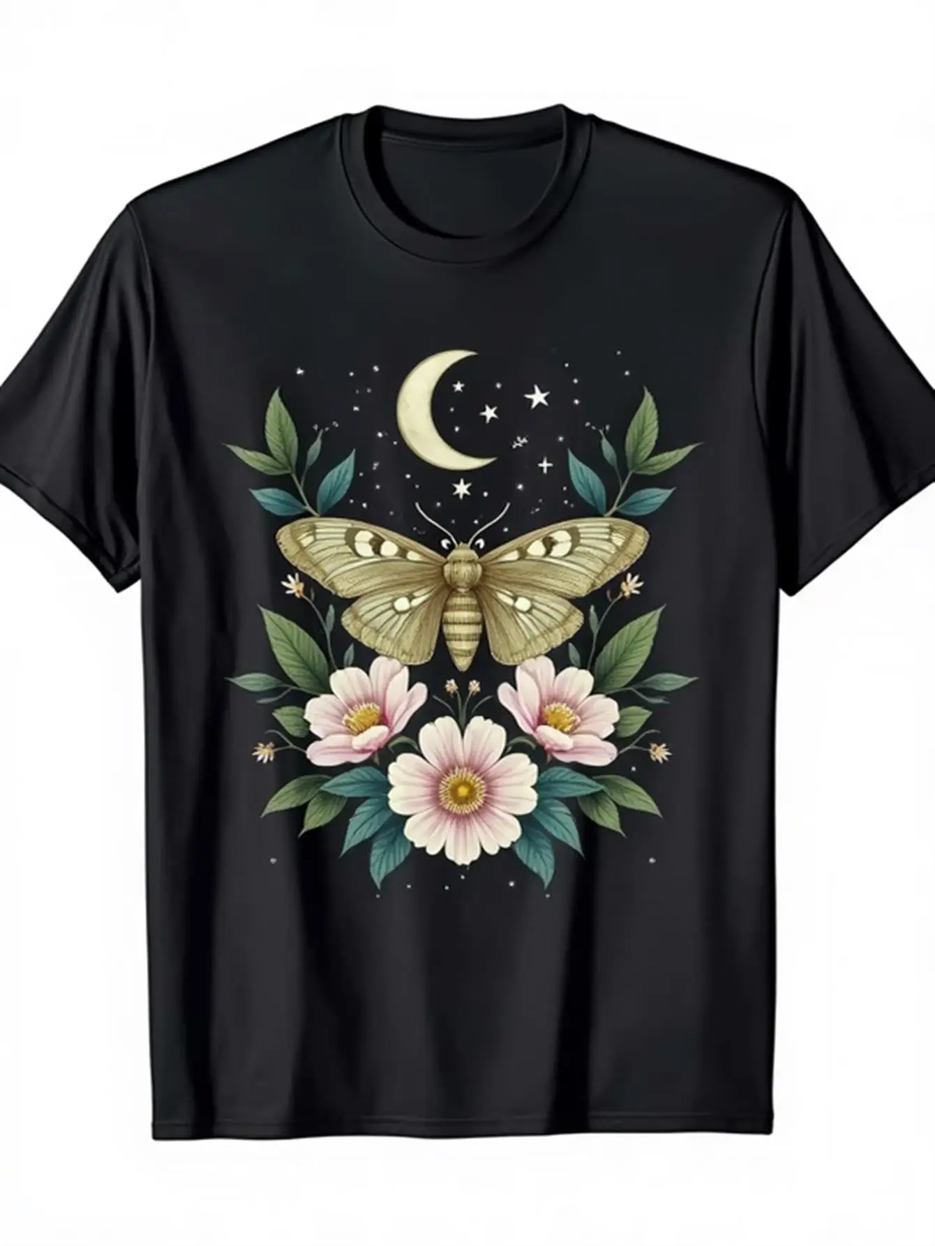 

Men's Mysterious Moth Flower Astronomical Pattern T-Shirt Black Magic T-Shirt with Golden Moths, Pink Flowers, and Crescent Moon Suitable for Halloween Fantasy Events Casual Wear Soft Breathable Shirt Machine Washable Regular Fit Casual Top Ideal for Men