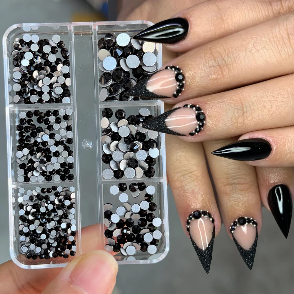 1 Box Schwarze Strass-Steine 3D Gemischte Größen Nagelcharms SS6-SS20 Funkelnde Glas-Kristall-Diamanten Nagelschmuck Nicht-Hotfix Nagelsteine Dekoration