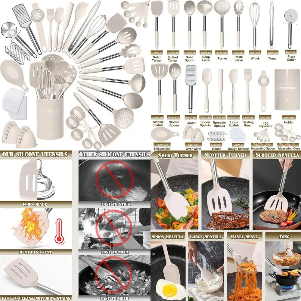 

Набор силиконовых кухонных принадлежностей из 43 предметов с ручками из нержавеющей стали, термостойкие, с антипригарным покрытием, аксессуары для посуды цвета хаки
