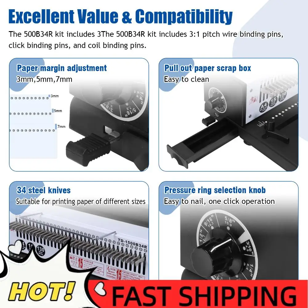 

1500B34R Spiral Wire Binding Machine Punch 15 Sheets/Bind 130 Sheets Modern Commercial Binding Machine for Home & Office