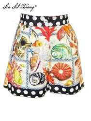 Seasixiang Fashion Designer Summer Cotton Shorts Women's High waist Pockets Dot Shell Print Beach Style Shorts