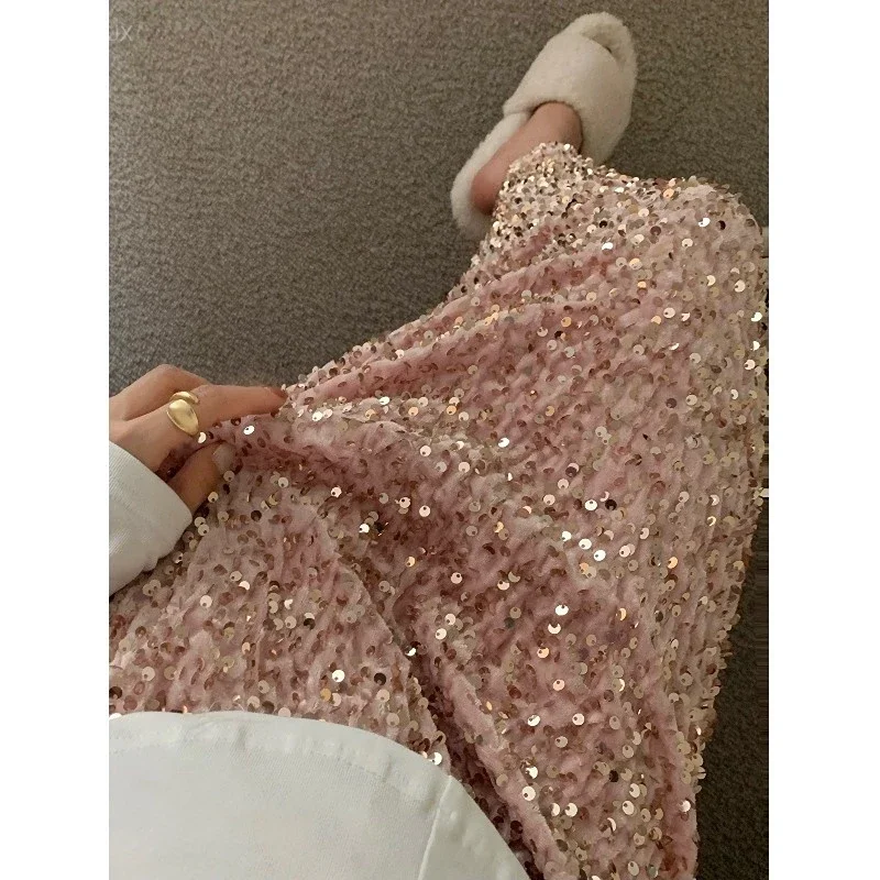 Spring Straight Back Split Pink Sequin Skirt Women A Line Vintage Wrap Hip Midi Faldas Jupe S Long Y2k