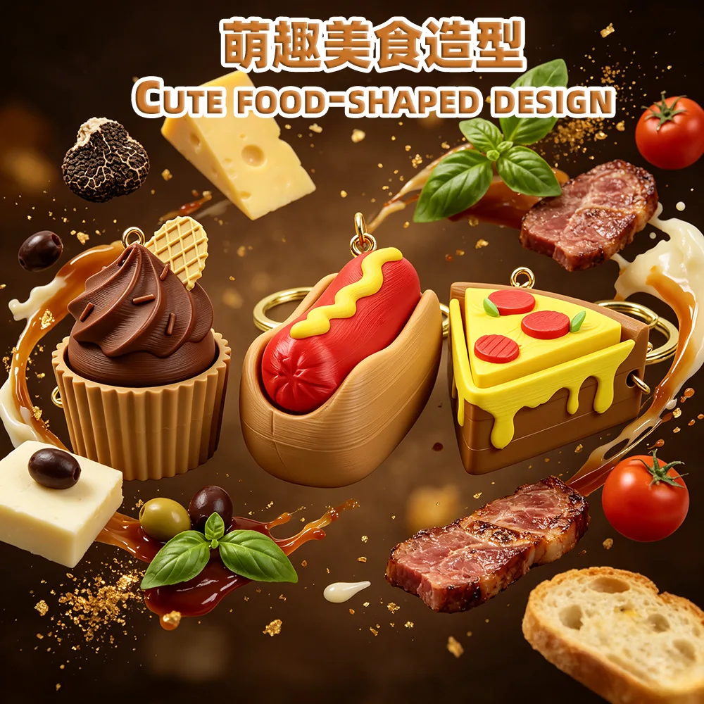 New 3D printed food clicker keychain stress relief toy french fries pizza hot dog keychain pendant
