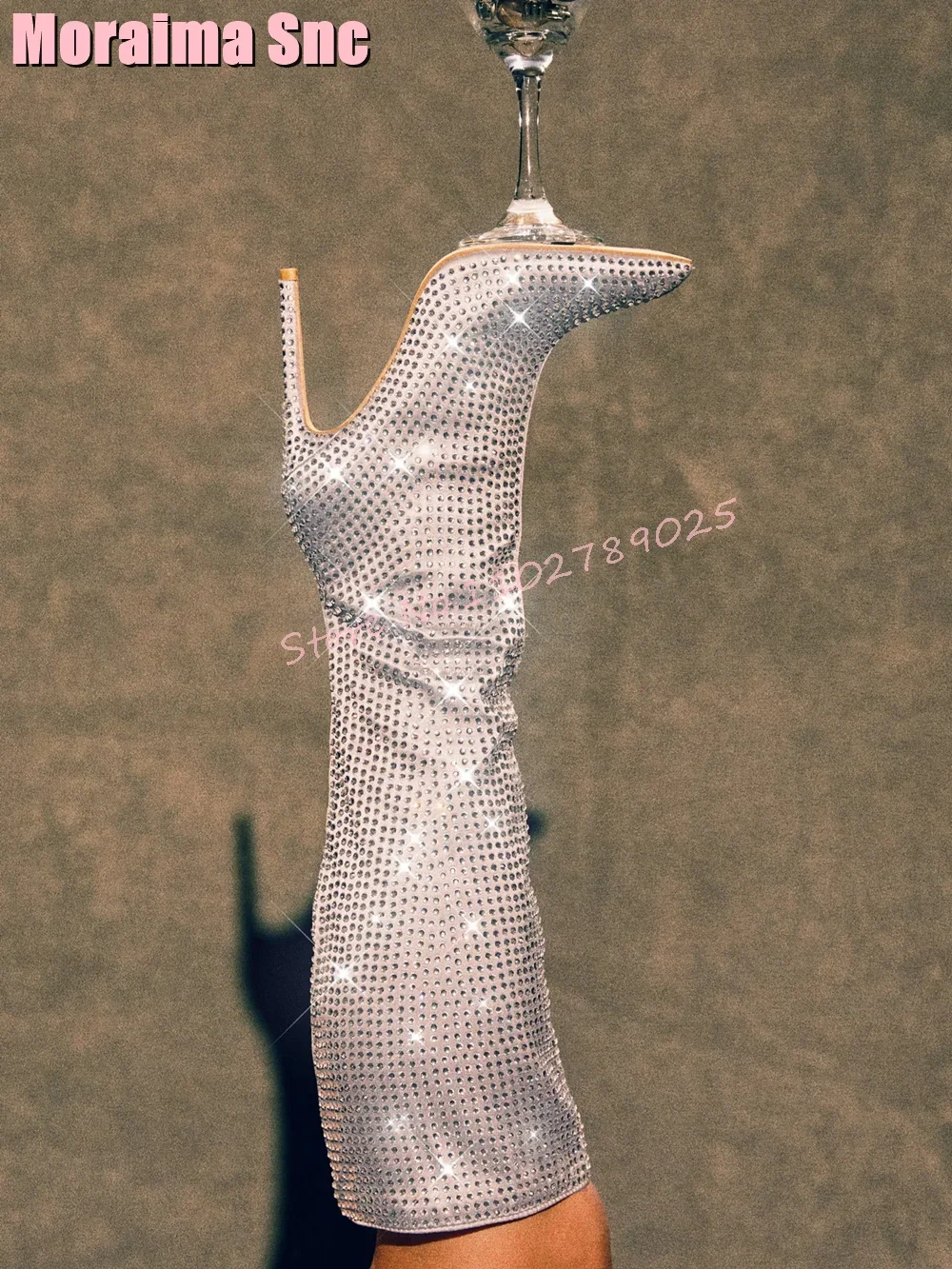 

Luxury Full Crystal Bling Knee High Boots Pointed Toe Stiletto High Heel Zipper Solid Sexy Silver Side Women Long Boots Winter