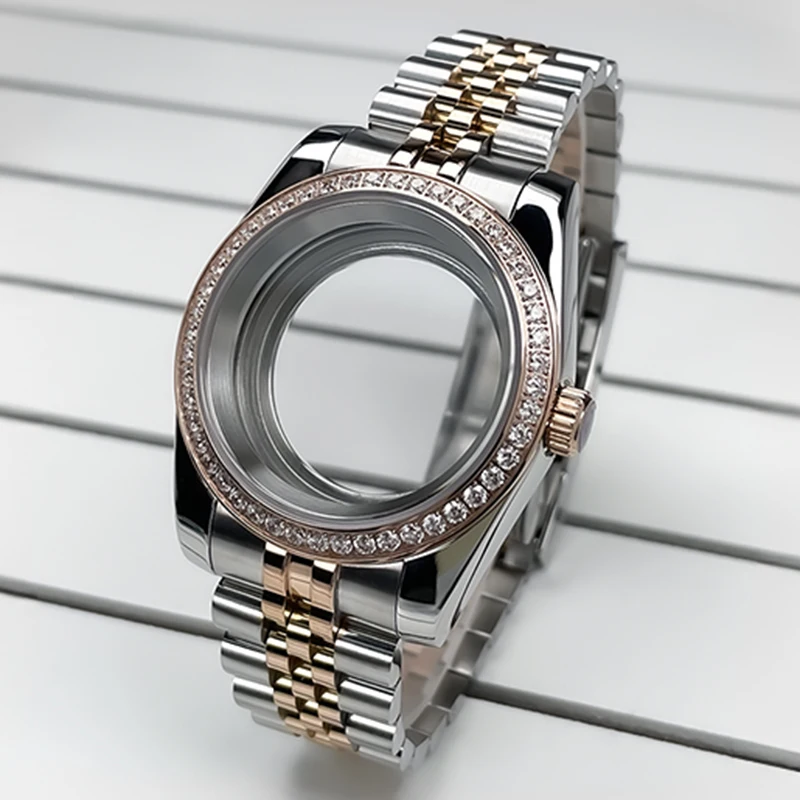 36mm/39mm NH35 Case 2T Rose Gold DJ President Jubile Strap Diamond Bezel Sapphire Glass Mod For NH35 NH36 Movement Watch Case