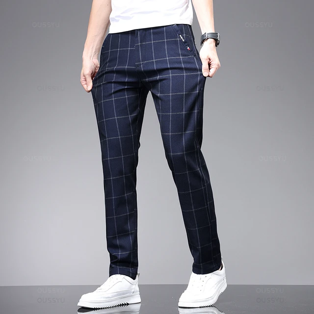 2024 New Spring Summer Plaid Pattern Business Casual Pants Men Fashion Straight Grey Blue Work Party Stretch Pant Trousers Male AliExpress