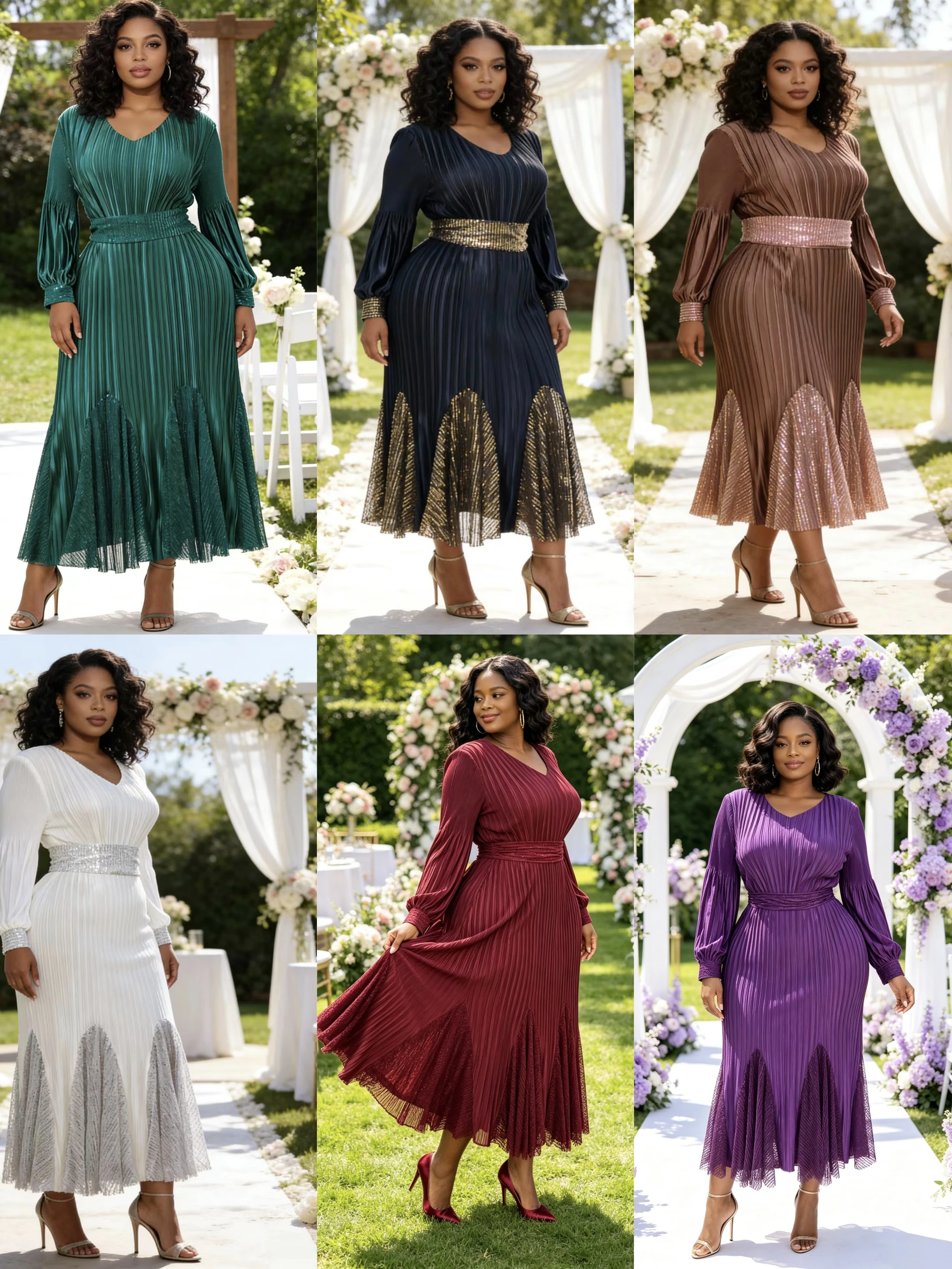 Elegantes Maxikleid mit langen Ärmeln, Plissee, Pailletten-Gürtel und Patchwork-Saum für Hochzeitsgäste, Damen, Übergröße – Detail 8