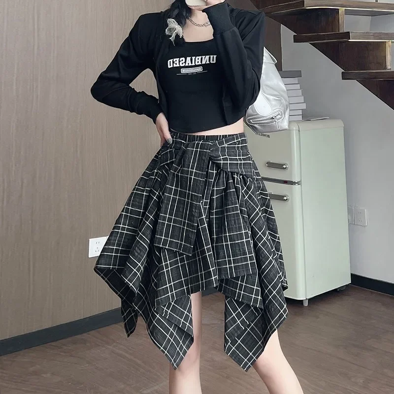 Classic Irregular Plaid Skirt Summer Women Fashion Shirt Skirts Slim Sheath Dress Sweet Preppy Style Dresses All Match Bottoms