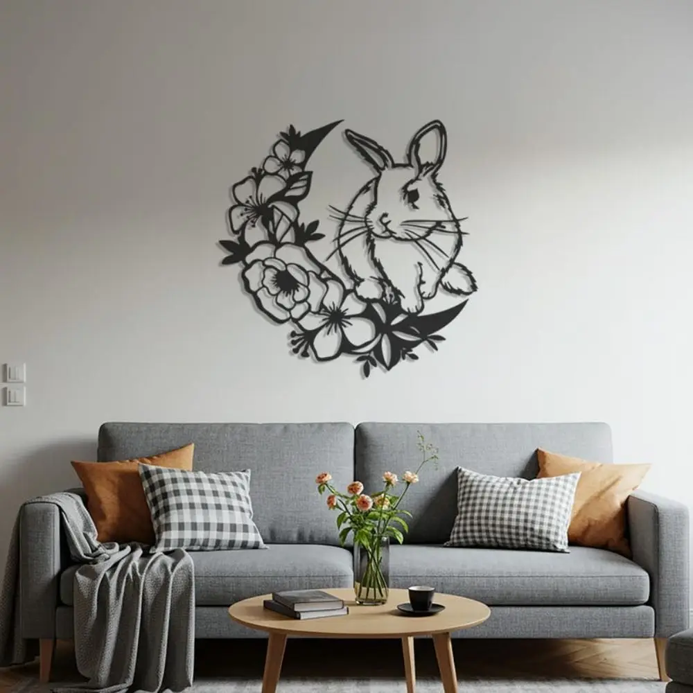 CIFBUY Rabbit With Flower Wreath Metal Wall Art, Hollow‑Cut Bunny Floral Iron Wall Hanging for Home Living Room Decor