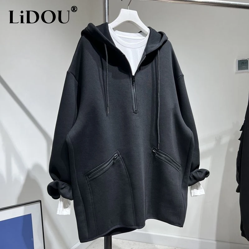 Spring Autumn Solid Color Fashion Long Sleeve Hoodies Women High Street Casual Loose Button Zipper Patchwork Pocket Sweatshirts