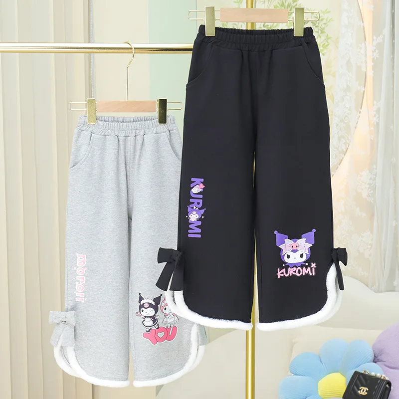 

Sanrios Children Kuromi Winter Straight Pants Girly Clothes Anime Figure Bow Tie Boot Cut Pant Children Winter Clothes Kids Girl