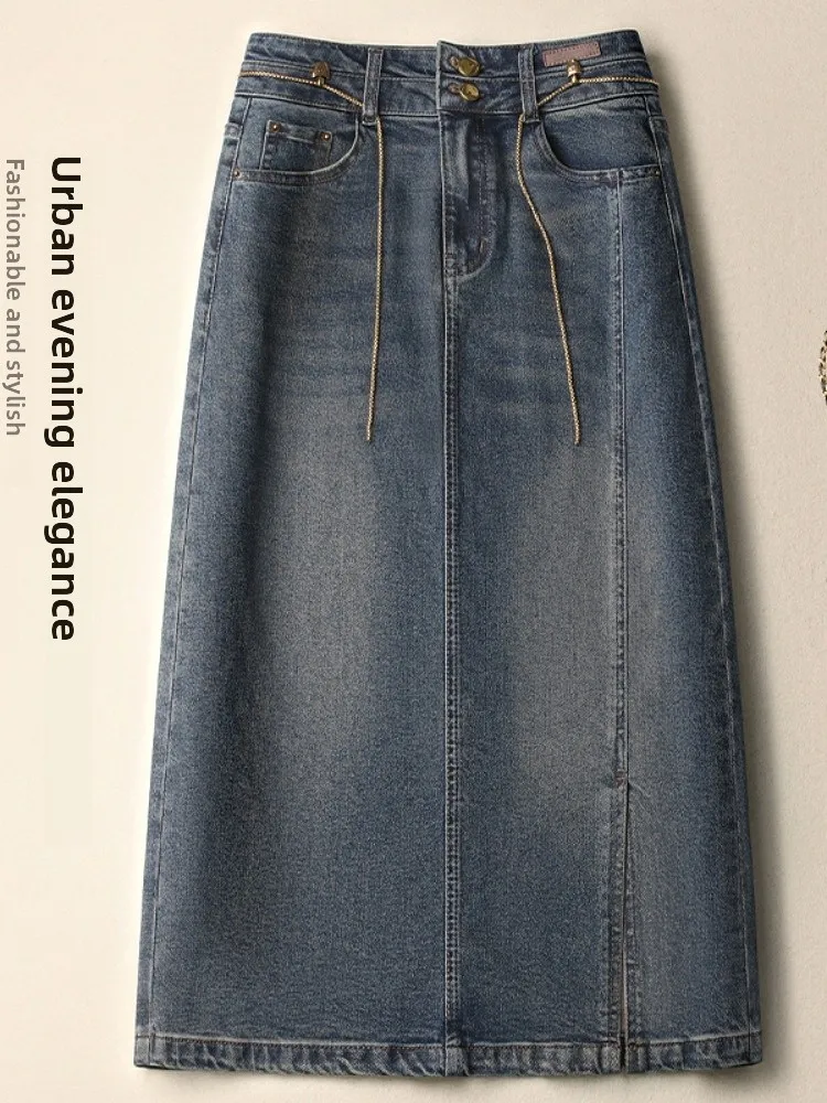 

Retro High Waist Denim Skirt Women's Summer 2024 Slimming Side Split Wrap around Design Midi A-Line Skirt Cotton Blend
