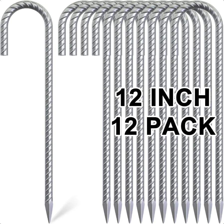 

12 Inch 12 Pack Rebar Stakes J Hook Steel Ground Anchor Stakes Heavy Duty Gaanized Tent Stakes Metal Fence Stakes for Outdoor D