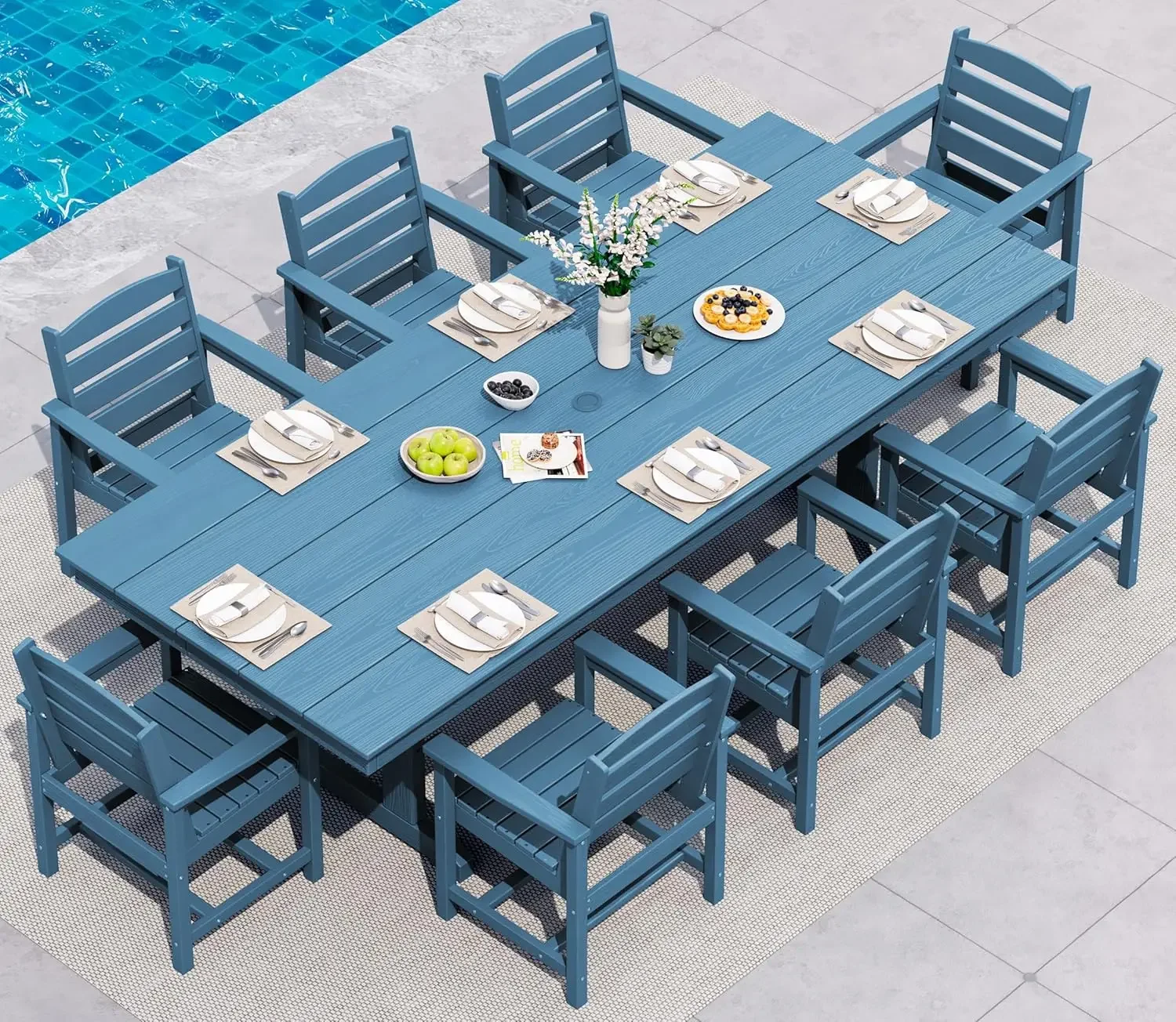 9 Piece Outdoor Dining Set 84 HDPE Outdoor Table and Chairs for 8 All Weather Patio Furniture Set with Umbrella Hole