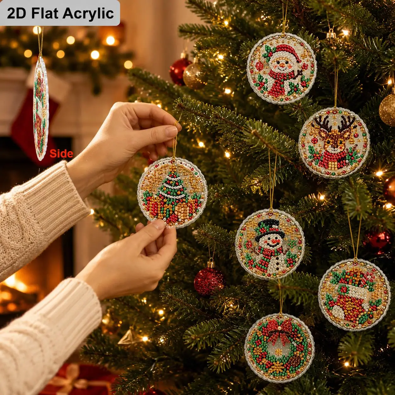 2D Flat 4pcs/6pcs Christmas Pearl Diamond Painting Hanging Ornament, 3D Mixed‑Set DIY Acrylic Pearl Diamond Art Kits for