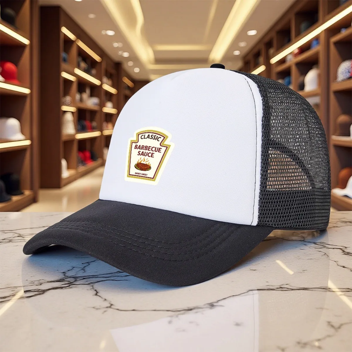 Classic Barbecue Sauce Graphic Trucker Hat Polyester Mesh BBQ Grill Master Baseball Cap Unisex Outdoor Sports