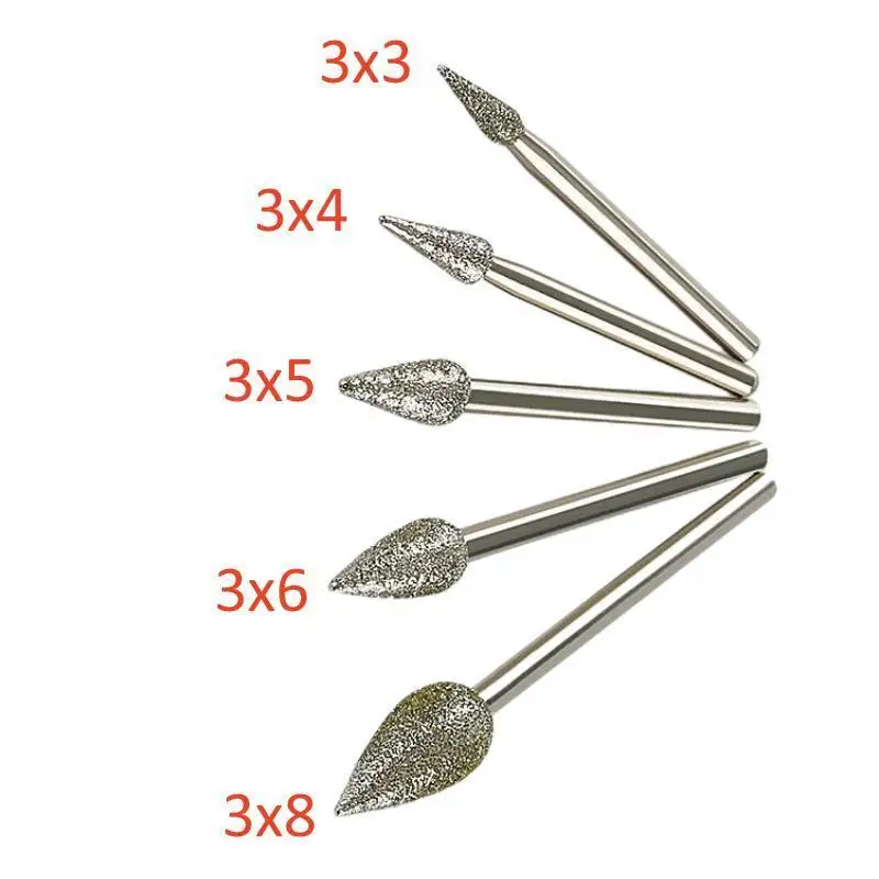 5PCS Dia 3mm Shank Diamond Grinding Burr Drill Bits with 3/4/5/6/8mm Grinding Head For Dremel Engraving Rotary Tools