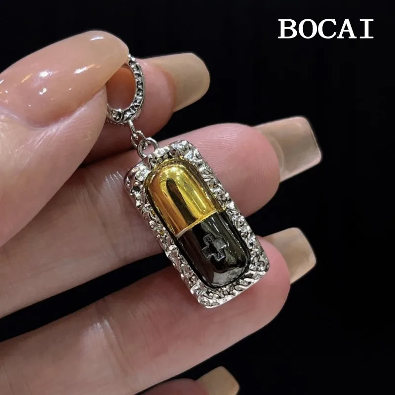 BOCAI New S925 Sterling Silver Hip Hop Personality Sweet Cool Style Pills Hollow Capsules Pendant Male and Female