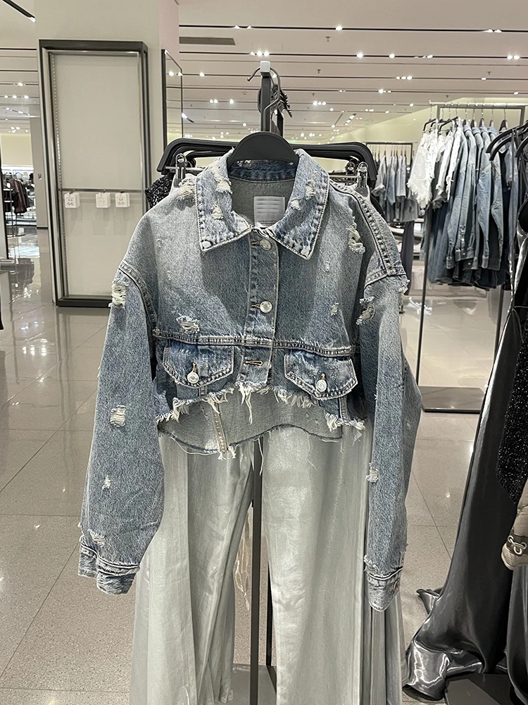 

Cool Biker Style Denim Jacket Women's Short Coat Autumn Winter Fashion Trendy Hole Ripped Frayed Jeans Female Loose Fit Jacket