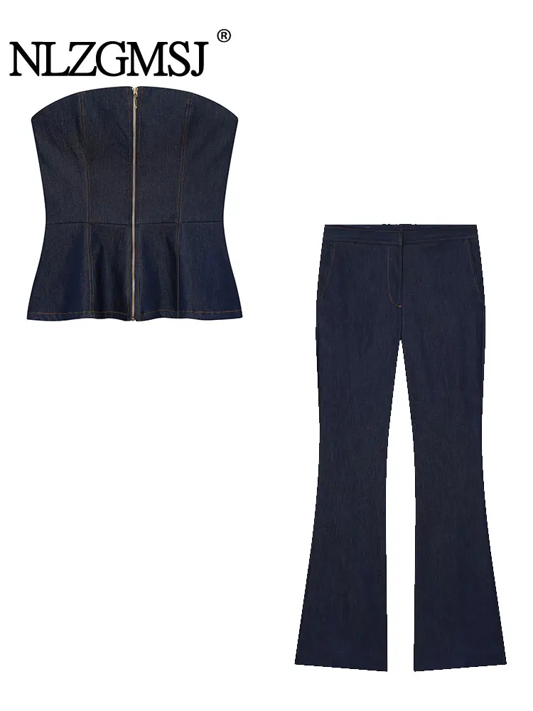 

NLZGMSJ Chic Fashion Sets Women Backless Sleeveless Denim Corset Top+Mid Waist Casual Pants 2 Pieces Set Woman Outfits