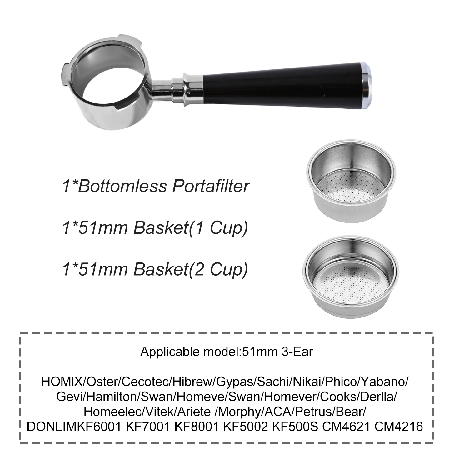 Kaffee-Siebträger ohne Boden, 51 mm, für Homix H11 Oster Cecotec Hibrew 1 2Cup, Ersatzfilterkorb, Espresso-Maschinen-Zubehör